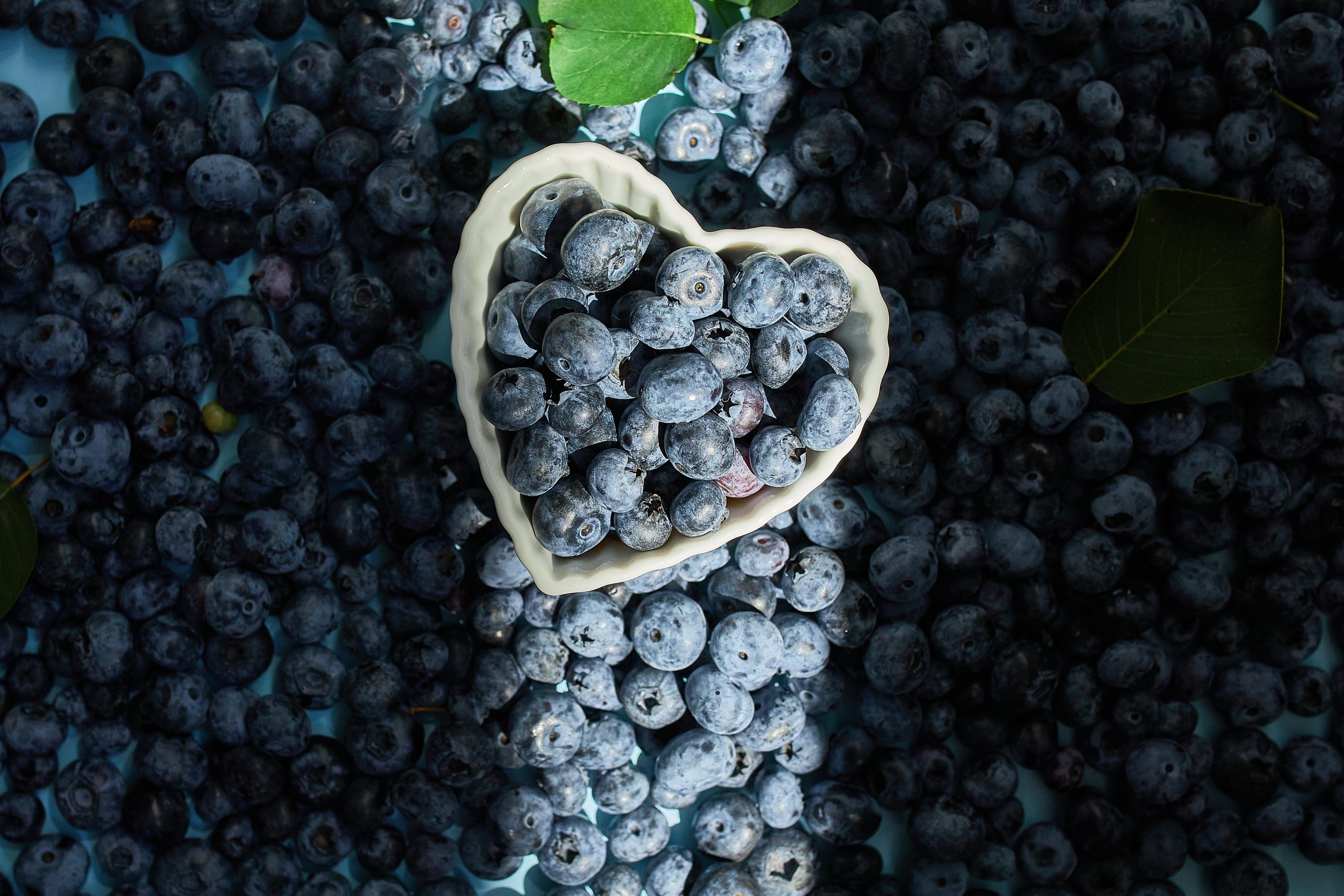 Flat lay of fresh organic juicy blueberries on blue background, hard sun light, top view, copy space. Concept of healthy and dieting eating , antioxidant, vitamin, summer food.